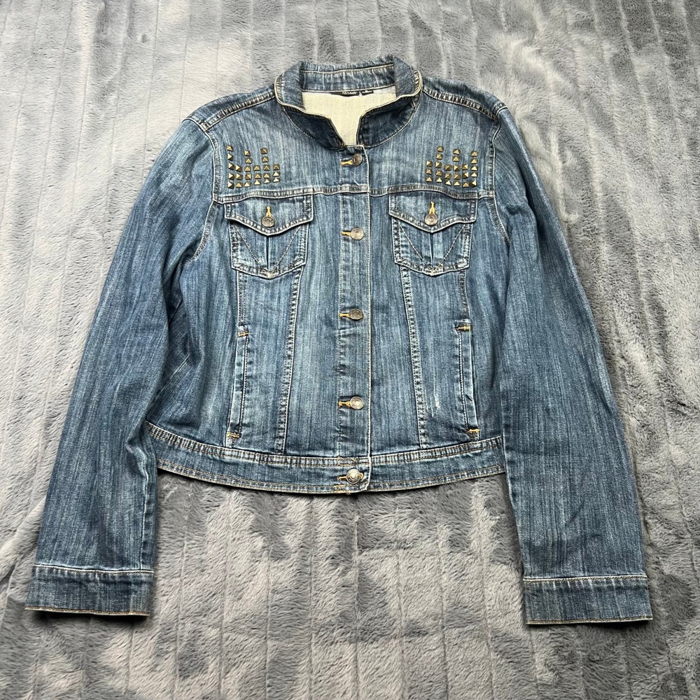 a.n.a A New Approach Studded Denim Jacket XL Medium Wash Blue Gold Studs Trucker